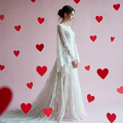 Woman in lace gown with floating hearts