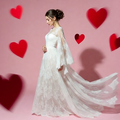 Woman in white lace gown with hearts