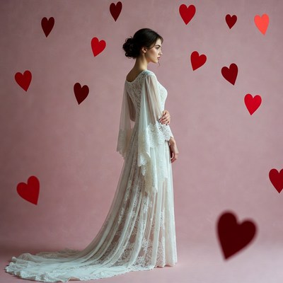 Woman in lace gown with floating hearts