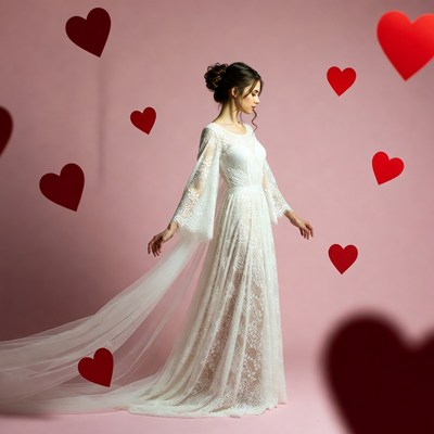 Woman in white lace gown with hearts