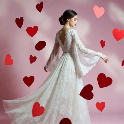 Woman in white lace gown with hearts