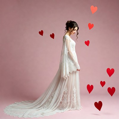 Woman in white lace gown with floating hearts