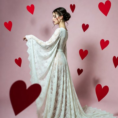 Woman in lace gown with floating hearts