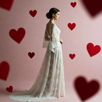 Woman in lace wedding gown with hearts