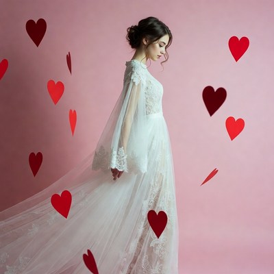 Woman in white lace wedding dress with hearts
