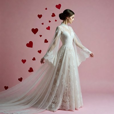 Woman in lace gown with floating hearts