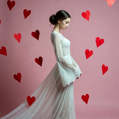 Woman in white lace gown with red hearts