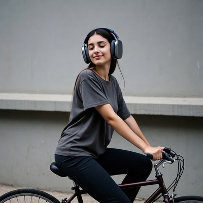 Woman riding bicycle with headphones