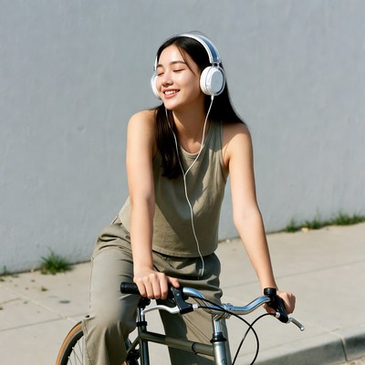 Asian girl riding bike with headphones