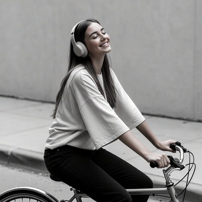 Smiling woman riding bicycle with headphones