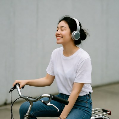 Asian woman riding bicycle with headphones