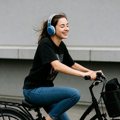 Young woman riding bicycle with headphones