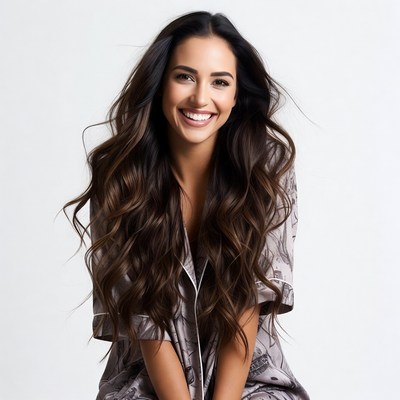 Smiling woman with long wavy hair