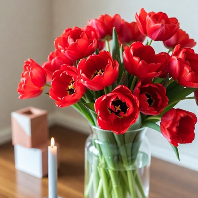 Red Tulips in Glass Vase