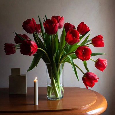 Red Tulips with Candle on Table