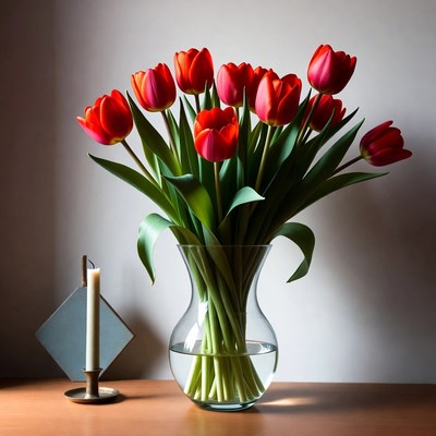 Red Tulips in Vase with Candle
