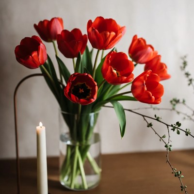 Red Tulips in Glass Vase with Candle