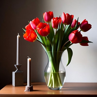 Red Tulips Bouquet with Candle