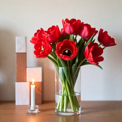 Red Tulips in Glass Vase