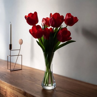 Red Tulips in Glass Vase