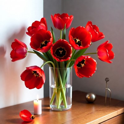 Red Tulips in Vase with Candle