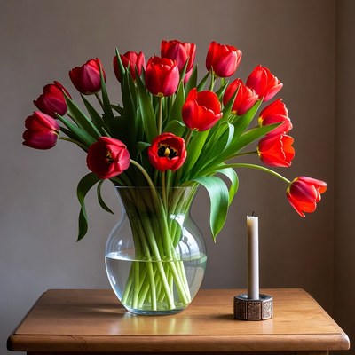 Red Tulips Bouquet with Candle