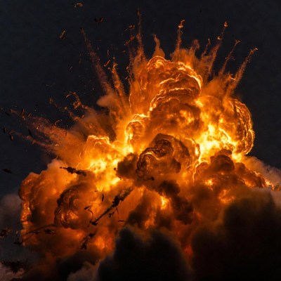 Massive fiery explosion in dark sky