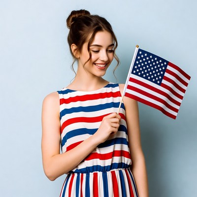 Young woman holding American flag