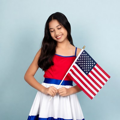 Asian girl holding American flag