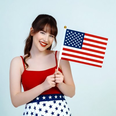 Young woman holding American flag