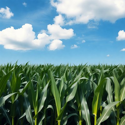 Green corn field under blue sky