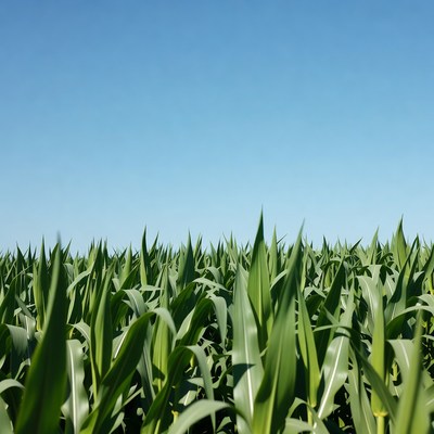 Green corn field under blue sky