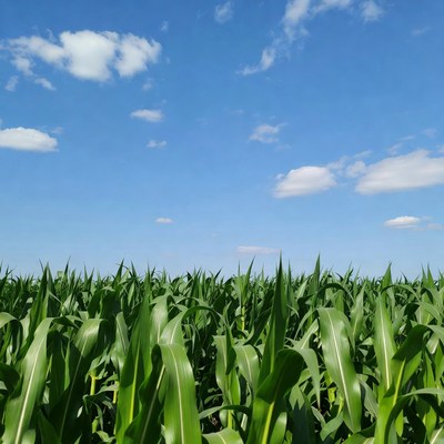 Green corn field under blue sky