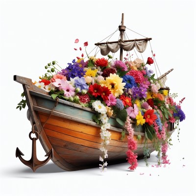 Flower-Filled Wooden Boat