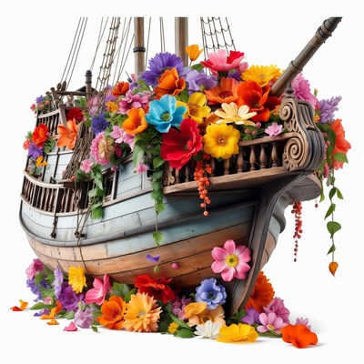 Flower-Covered Wooden Sailing Ship