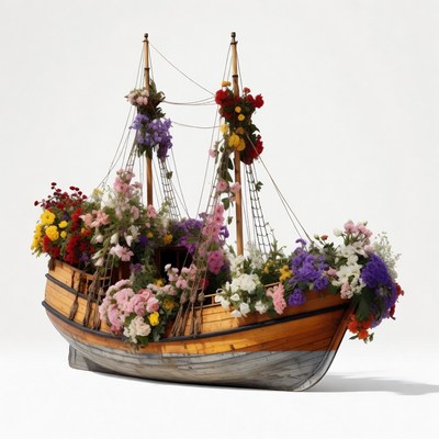 Flower-Covered Wooden Sailing Ship