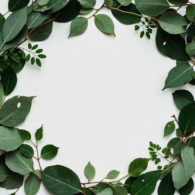 Green Leaves Border on White Background
