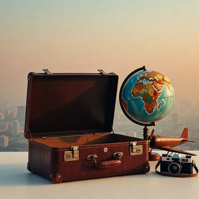 Open Suitcase with Globe and Airplane