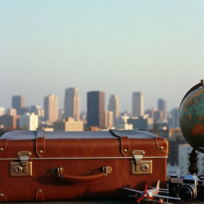 Vintage suitcase with globe and airplane