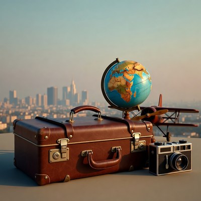 Vintage suitcase with globe and airplane