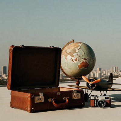 Open Suitcase with Globe Airplane Camera
