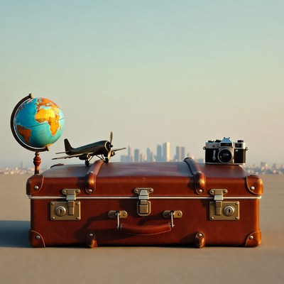 Vintage suitcase with globe airplane camera