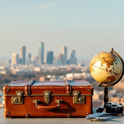 Vintage Suitcase with Globe and Airplane