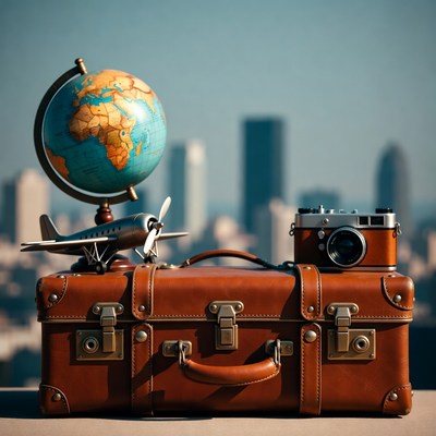 Vintage Suitcase with Globe Airplane Camera