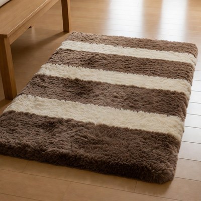 Brown White Striped Shaggy Rug