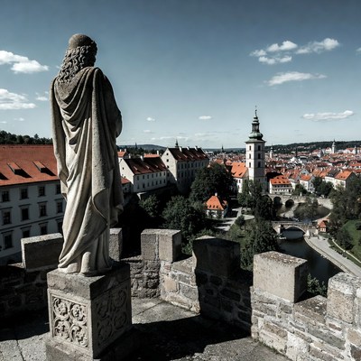 Statue overlooking Olomouc Czech cityscape