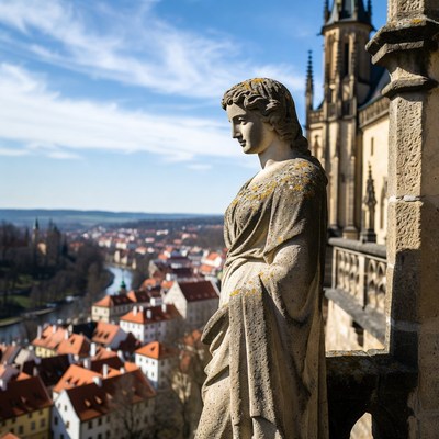 Stone Statue Overlooking Prague Cityscape