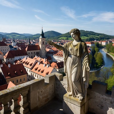 Statue overlooking Olomouc cityscape
