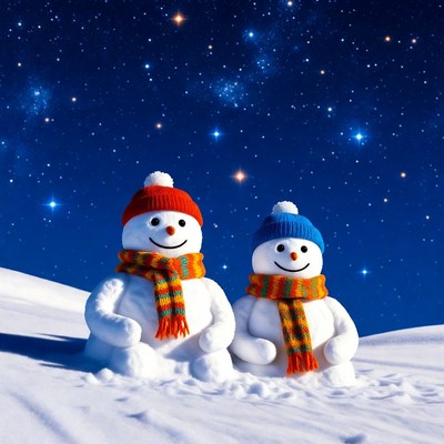 Two Snowmen with Scarves in Snowy Night Sky