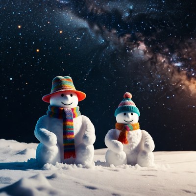 Two Snowmen in Starry Night Sky